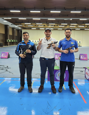 Anish Bhanwala makes it two out of two in national rifle/pistol selection trials at the M.P. State Shooting academy ranges in Bhopal on Tuesday.  Photo credit: NRAI