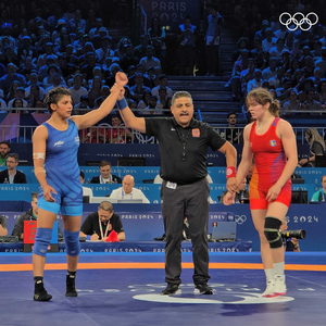 Wrestler Nisha Dahiya in quarters with 6-4 win over Ukraine’s Tetiana Sova in women’s 68kg freestyle in 33rd Olympic Games in Paris, France, on Monday. IANS Photo