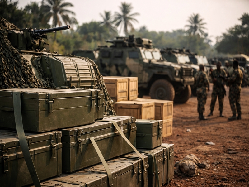 Map highlighting Sahel region in Africa with military equipment symbols