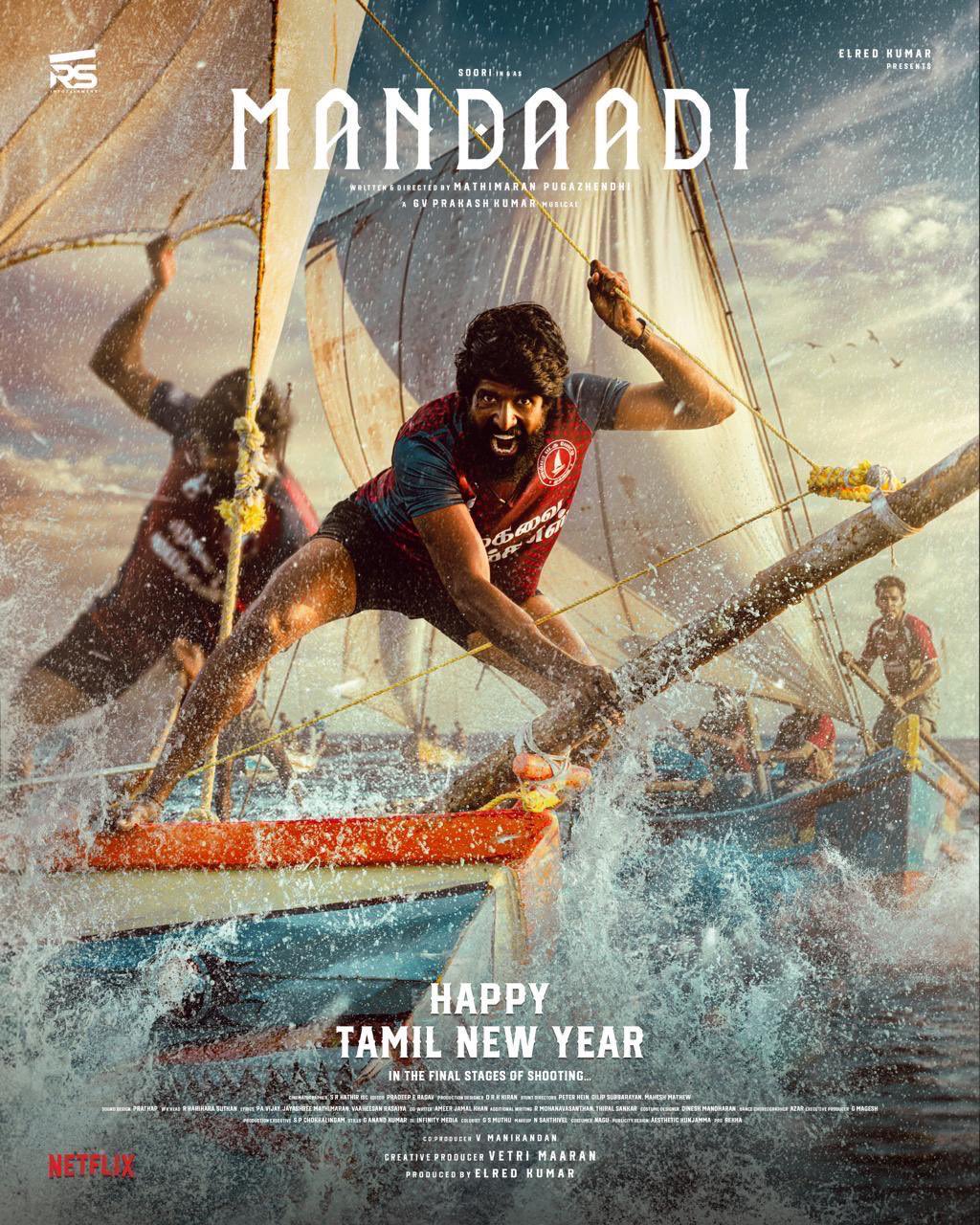 Soori on set of Mandaadi film performing sea stunts