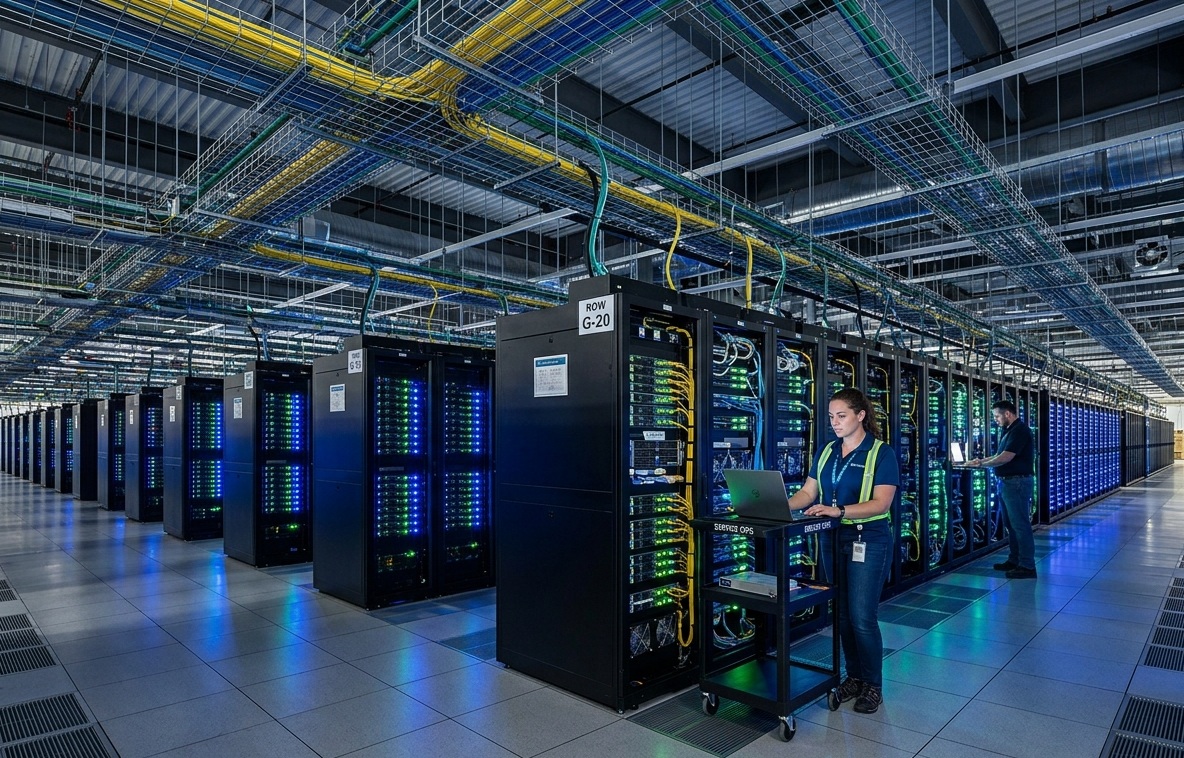 AI data centre growth in India with server racks and cloud infrastructure