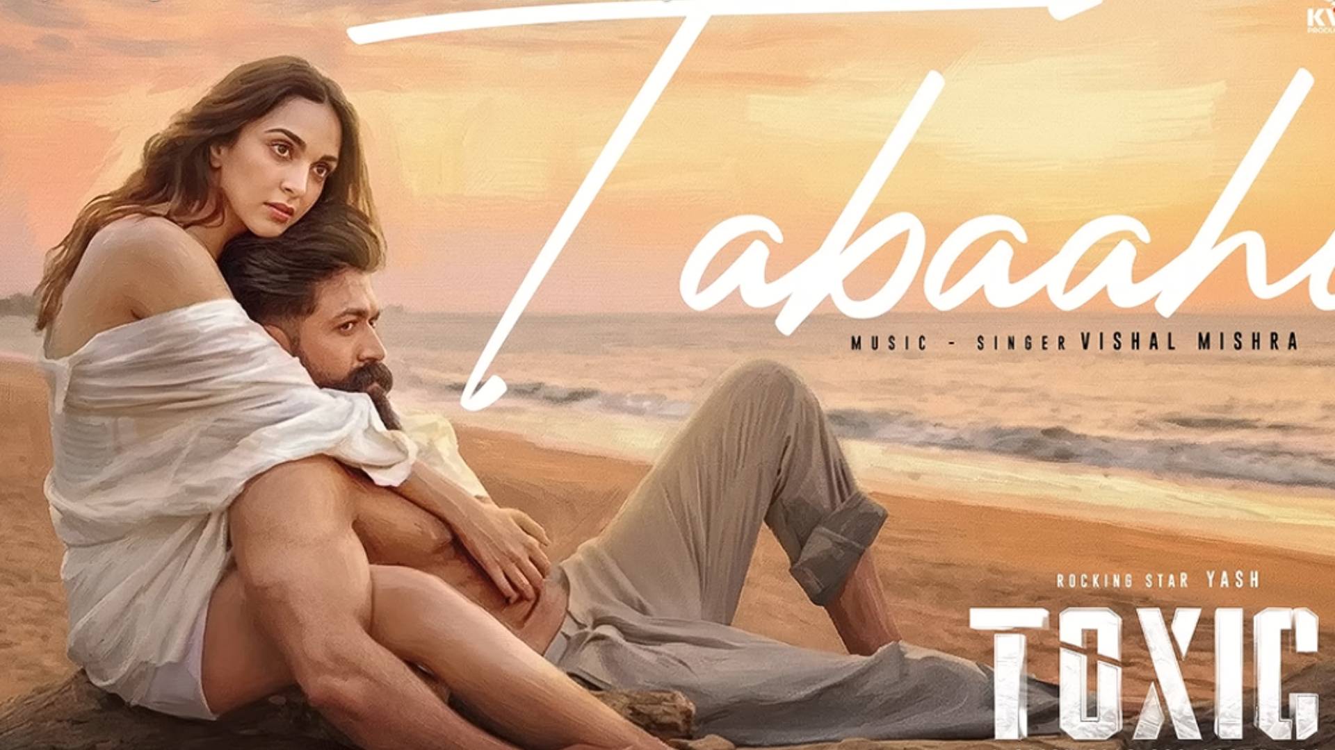Tabaahi music video scene featuring Yash and Kiara Advani in romantic embrace