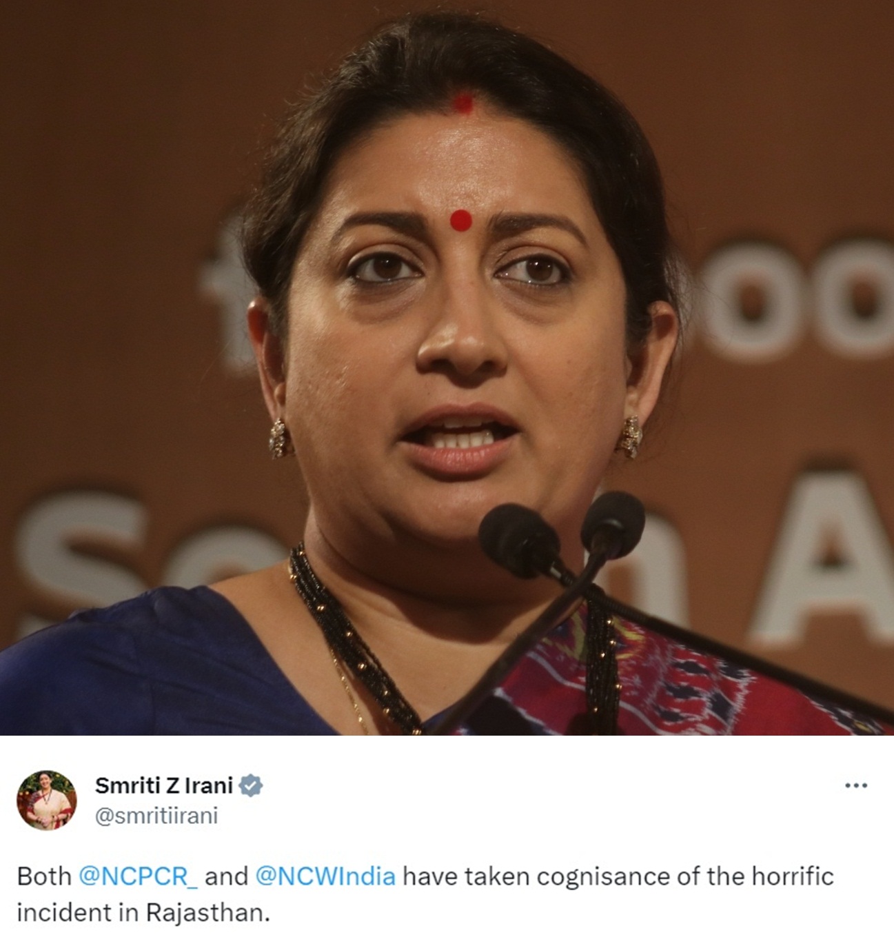NCPCR, NCW  take cognizance of horrific incident in Raj: Smriti Irani