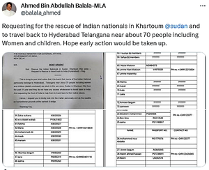 AIMIM legislator urges Jaishankar to evacuate 70 Indians stuck in Sudan AIMIM legislator urges Jaishankar to evacuate 70 Indians stuck in Sudan