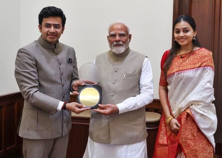 BJP MP Tejasvi Surya, wife meet PM Modi, gift him 750-year-old manuscript