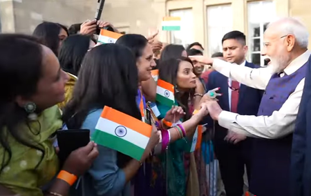 Indian diaspora in London greet PM Modi with chants of 'Bharat Mata Ki Jai' and 'Vande Mataram' on historic visit to UK