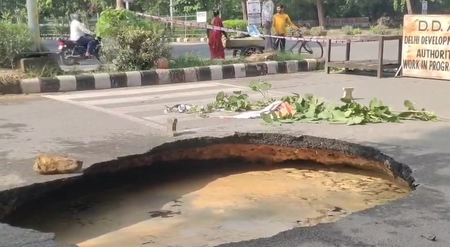 Road caves in near National Law University in Delhi's Dwarka