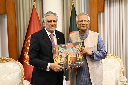 Handed green flag by Yunus, Pak Foreign Minister huddled with radical Islamists in Dhaka Handed green flag by Yunus, Pak Foreign Minister huddled with radical Islamists in Dhaka