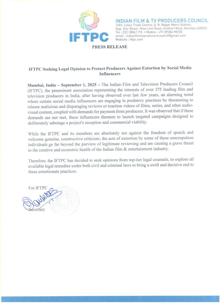 IFTPC raises concern against extortion by the social media influencers, seek legal opinion IFTPC raises concern against extortion by the social media influencers, seek legal opinion