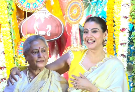 Jaya Bachchan gives Kajol a tight hug on Saptami celebrations