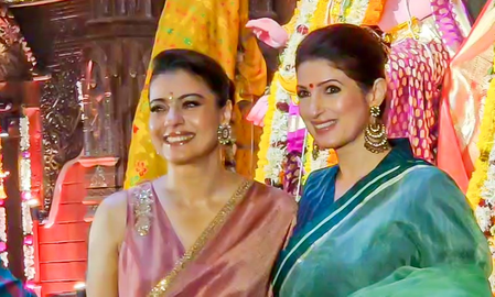 Twinkle Khanna poses with her 'Two Much With Kajol and Twinkle’ co-host during Durga Puja
