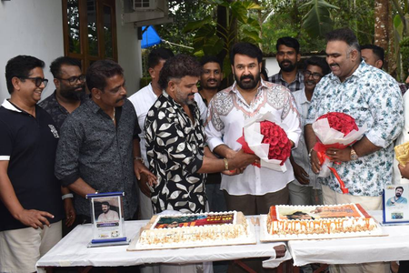 Mohanlal celebrates Dadasaheb honour with members of his fans' association on the sets of 'Drishyam 3'