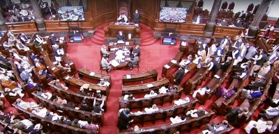 New Delhi: Congress MPs walk out of Rajya Sabha as Prime Minister Narendra Modi speaks in the House, during the ongoing Budget Session of Parliament in New Delhi on Tuesday, February 08, 2022. (Photo: Rajya Sabha/IANS)